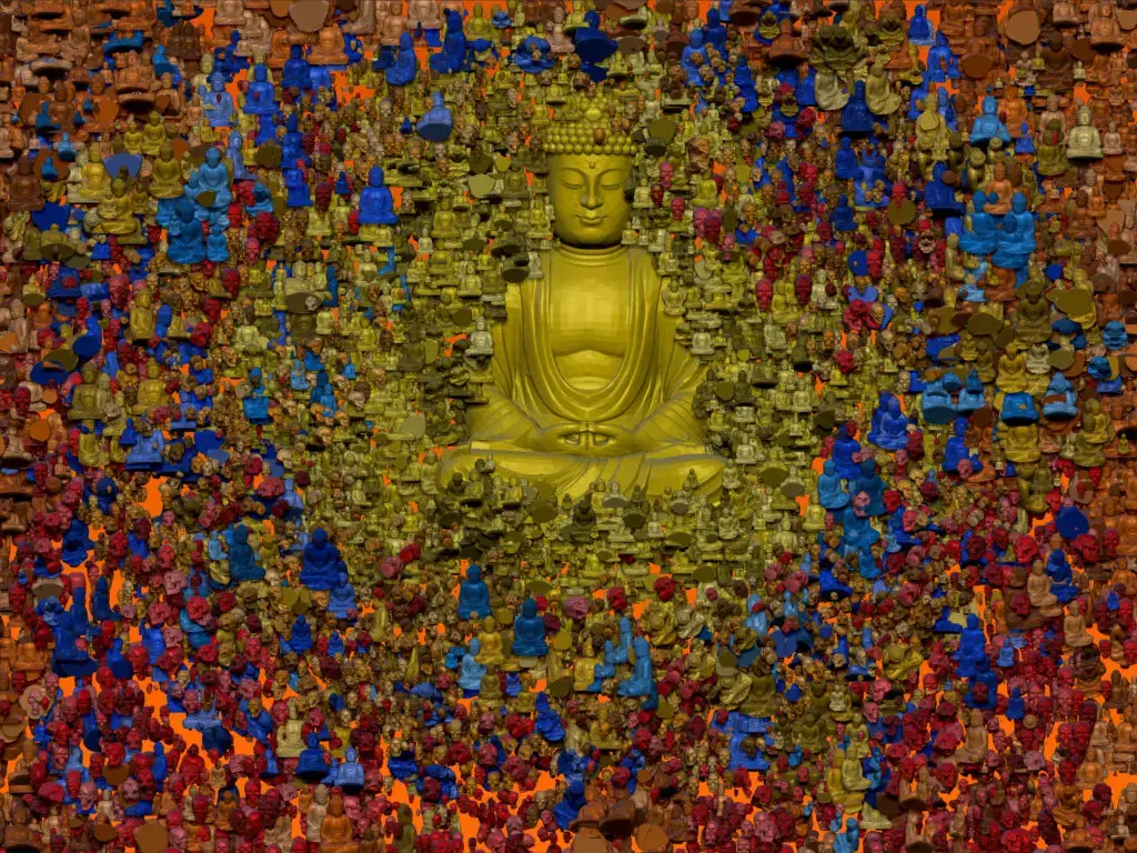 "Buddha eternity" Buddha che medita su se stesso in un mantra melodico e visivo che evoca la vita e la morte nel continuo divenire